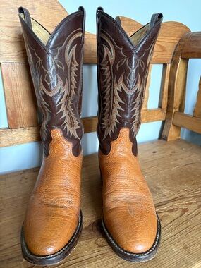 Tony Lama Two-Tone Brown and Tan Shrunken Leather Western Cowboy Boots